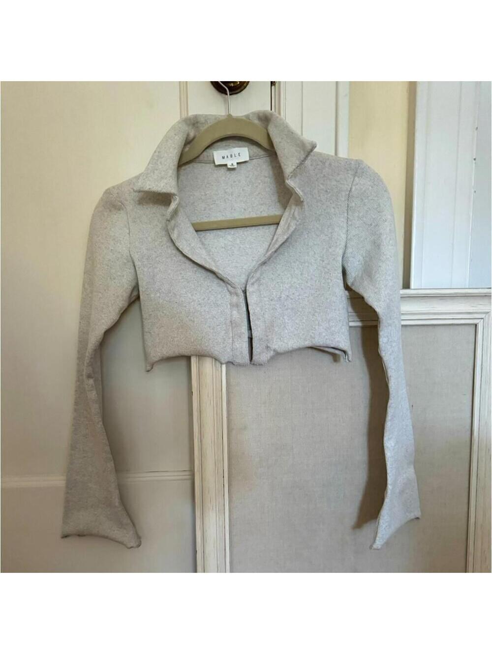 Mable light gray ribbed cotton knit cropped long sleeve collared cardigan NWOT S